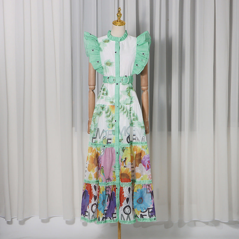 Retro Artistic Printed Dress Summer Stand Collar Ruffle Feifei Long Loose Dress Women