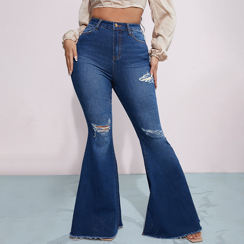 Bella Mia Jeans Arrival High Waist Stretch Flared Pants Hip Lifting Denim Trousers Women Ripped Denim — detail and construction