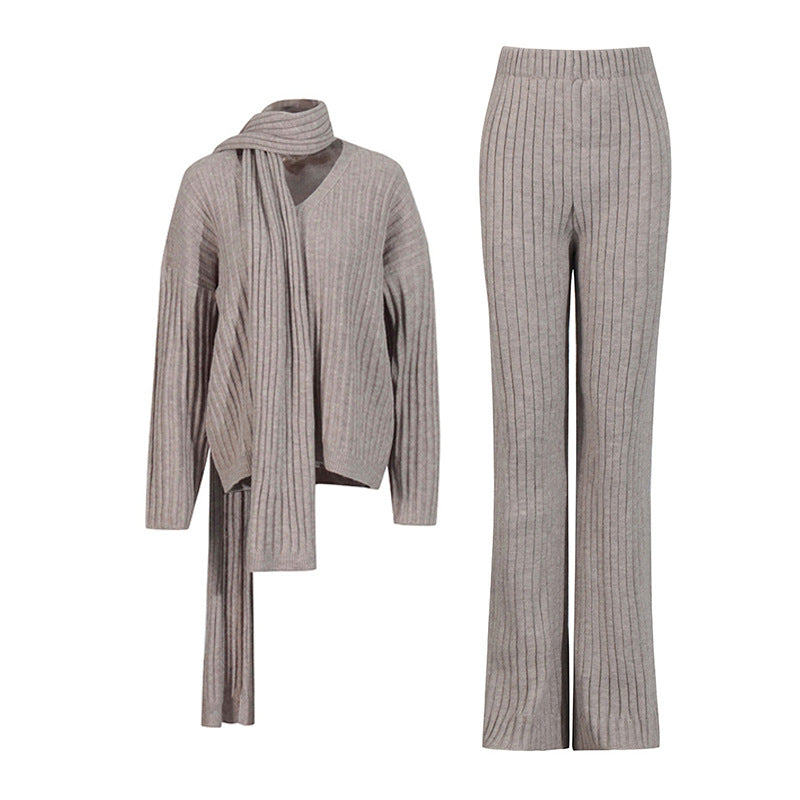 Bella Mia Women Autumn Winter High Grade Elegant Knitted Two Piece Scarf Design Loose Wide Leg Pants Set — lifestyle context