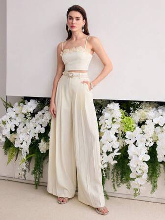 Bella Mia Spring Slim Fit High Grade Slim Sexy White Beautiful High Waist Wide Leg Women Two Piece Sets — detail and construction