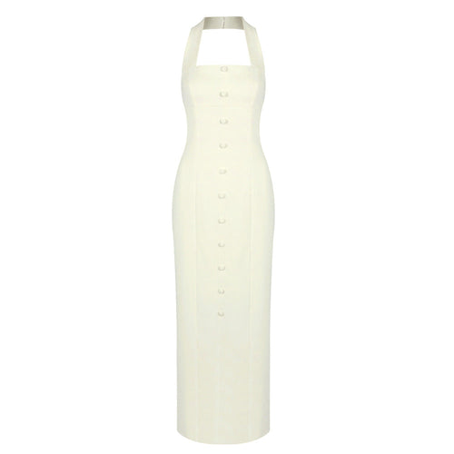 Vacation Light Yellow Halter Dress Women Summer Single Breasted Slim Fit Side Slit French Light Luxury Dress