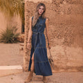 Blue Sleeveless with Waist Lace up Design Imitation Denim Material Single Row Multi Buckle Maxi Dress