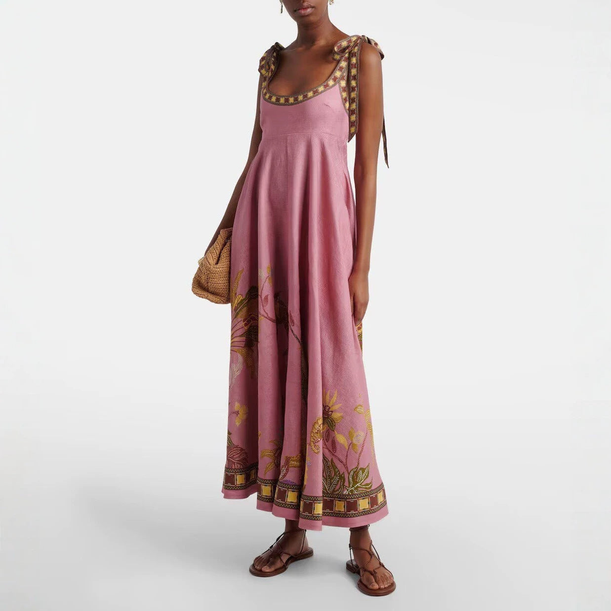 Positioning Floral Print Linen Sling Pocket Maxi Dress Bohemian Holiday Swing Dress