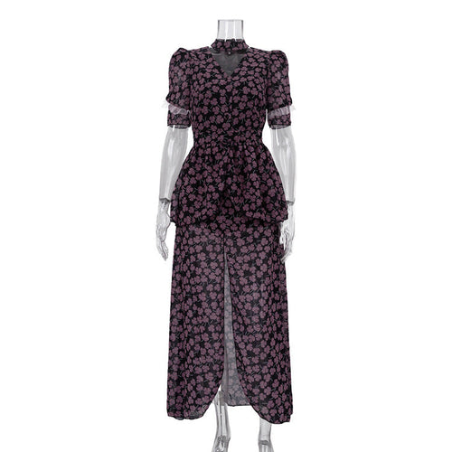 Digital Printing French Dress Women V neck Short Sleeve Front Slit Waist Seal Floral Dress