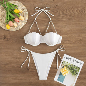 Halter White Split Swimsuit Steel Bracket Gathered Sexy Bikini Swimsuit
