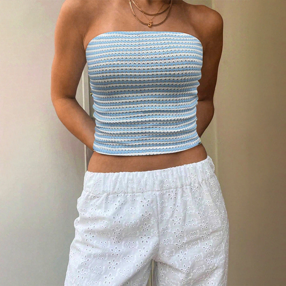 Bella Mia 77Sexy Blue White Striped Tube Top Sleeveless Cold Shoulder Skinny Short Vacation Vest Top for Women — main product shot