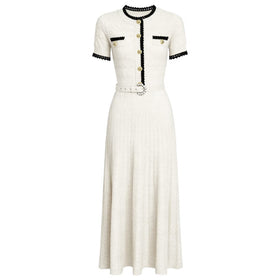 Summer Ladies Internet Popular Slim Fitting Figure Flattering Belt Short Sleeve Long Pattern Dress Women