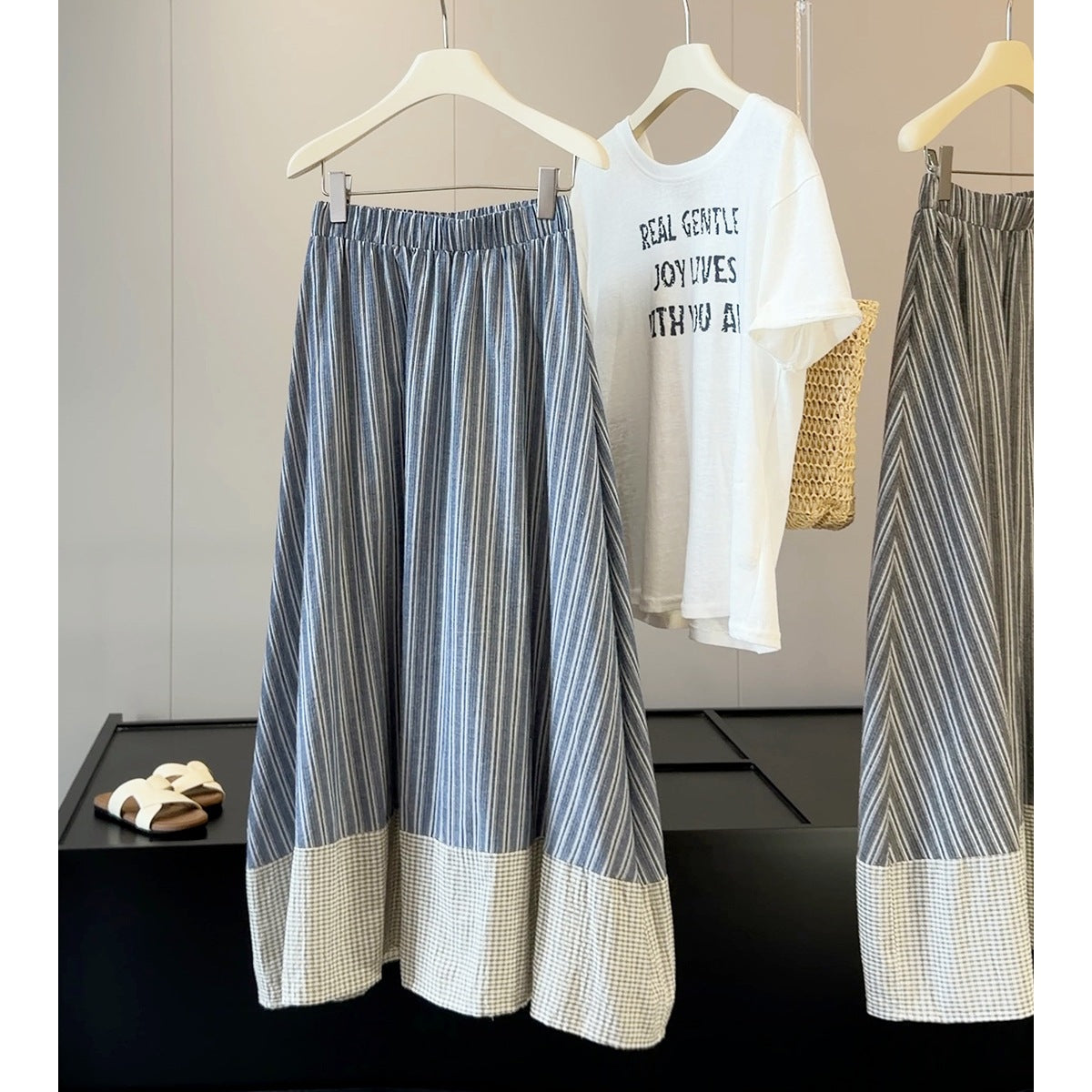 Retro Plaid Stitching Striped Skirt Women Summer High Waist Slimming Drape A line Umbrella Skirt