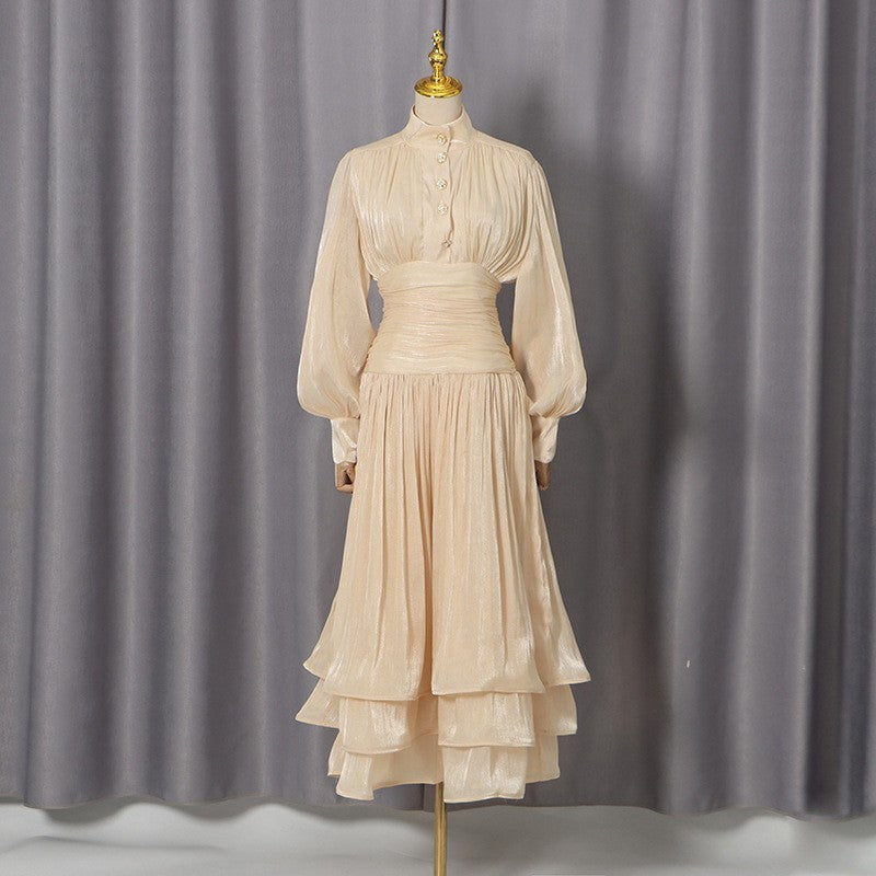 Bella Mia Spring Elegant Retro Lantern Sleeve Breasted Ruffled Maxi Dress Waist Slimming Dress — detail and construction