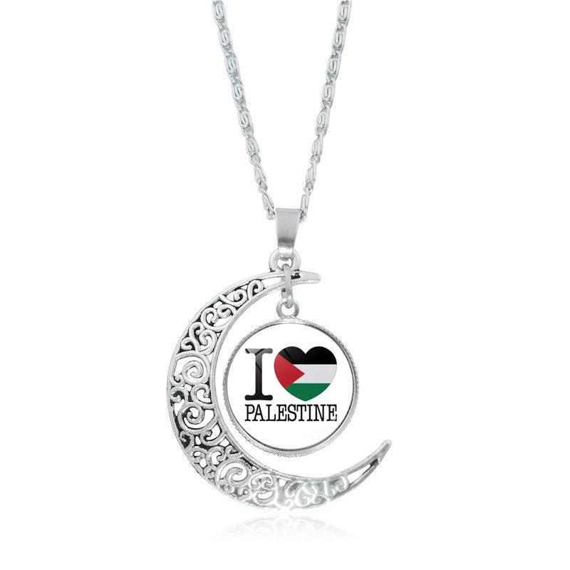 Mariam's Collection MAC077 Women's Versatile Silver keffiyeh Hollow Moon Pendant Necklace — product on model