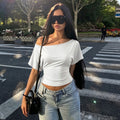 Women Clothing Summer Sexy Shoulder Lace up Waist Controlled Solid Color Short Sleeve Top T shirt