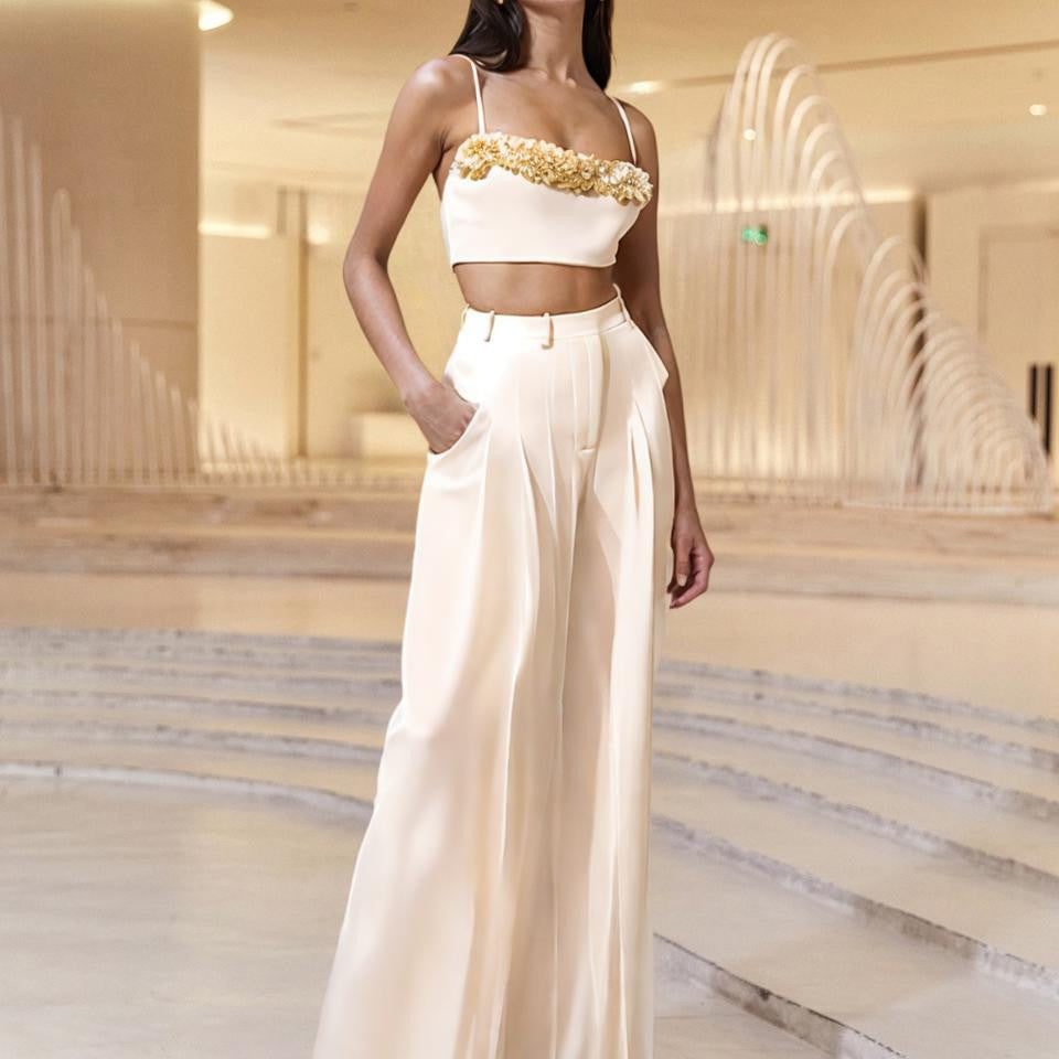 Bella Mia Spring Slim Fit High Grade Slim Sexy White Beautiful High Waist Wide Leg Women Two Piece Sets — main product shot