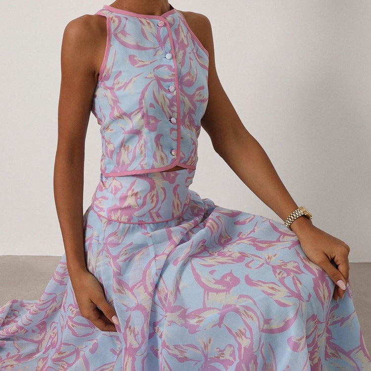 Summer Printed Skirt Set Women Arrival round Neck Sleeveless Cardigan Top Skirt Two Piece Set Commuting