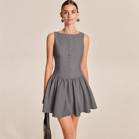 Summer Women Sleeveless Casual Button A line Dress Ruffled Elegant Mini Dress