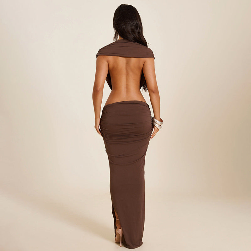 Women Clothing Summer Solid Color Casual Sleeveless Halter Backless Slim Fit Sheath Maxi Dress