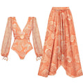 Women Swimsuit V neck Mesh Long Sleeve Glossy Shell Printed One Piece Swimsuit Two Piece Set