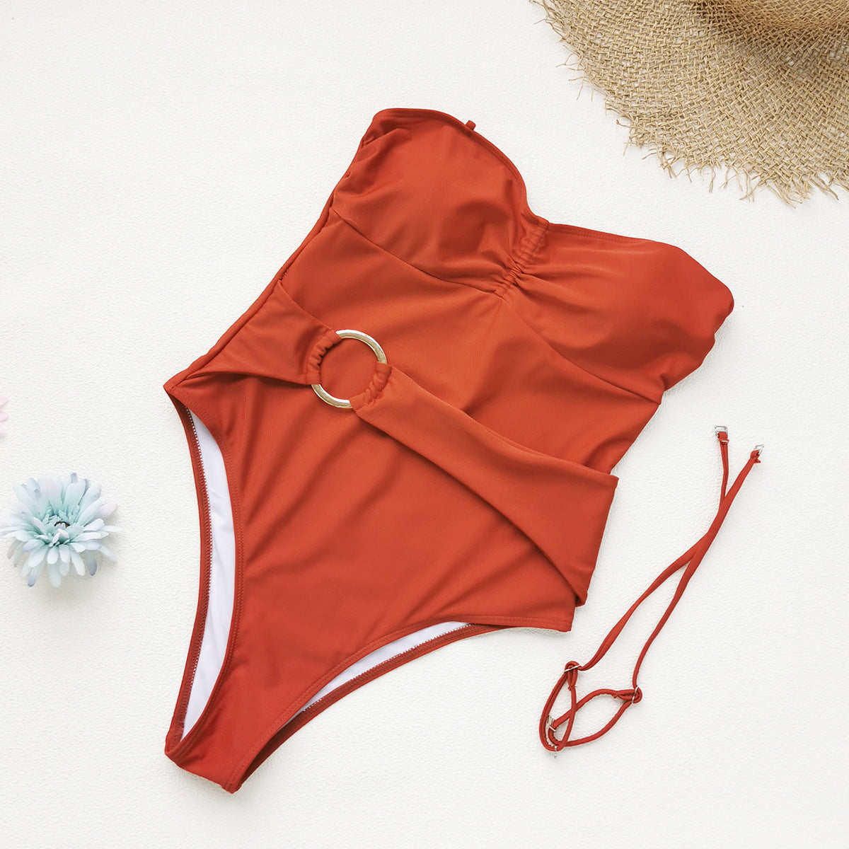 Bella Mia Detachable Shoulder Strap Slip on One Piece Swimsuit Women Solid Color Tube Top — main product shot