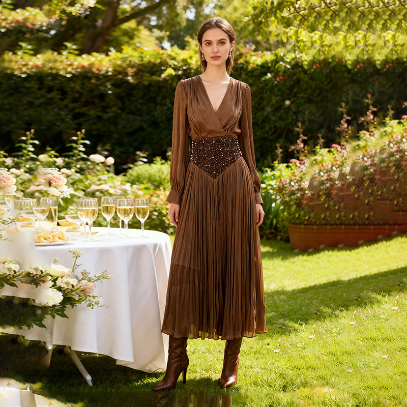 Bella Mia Elegant Long Sleeve Solid Color Diamond Dress Autumn High Grade Waist Slimming Dress Women — main product shot