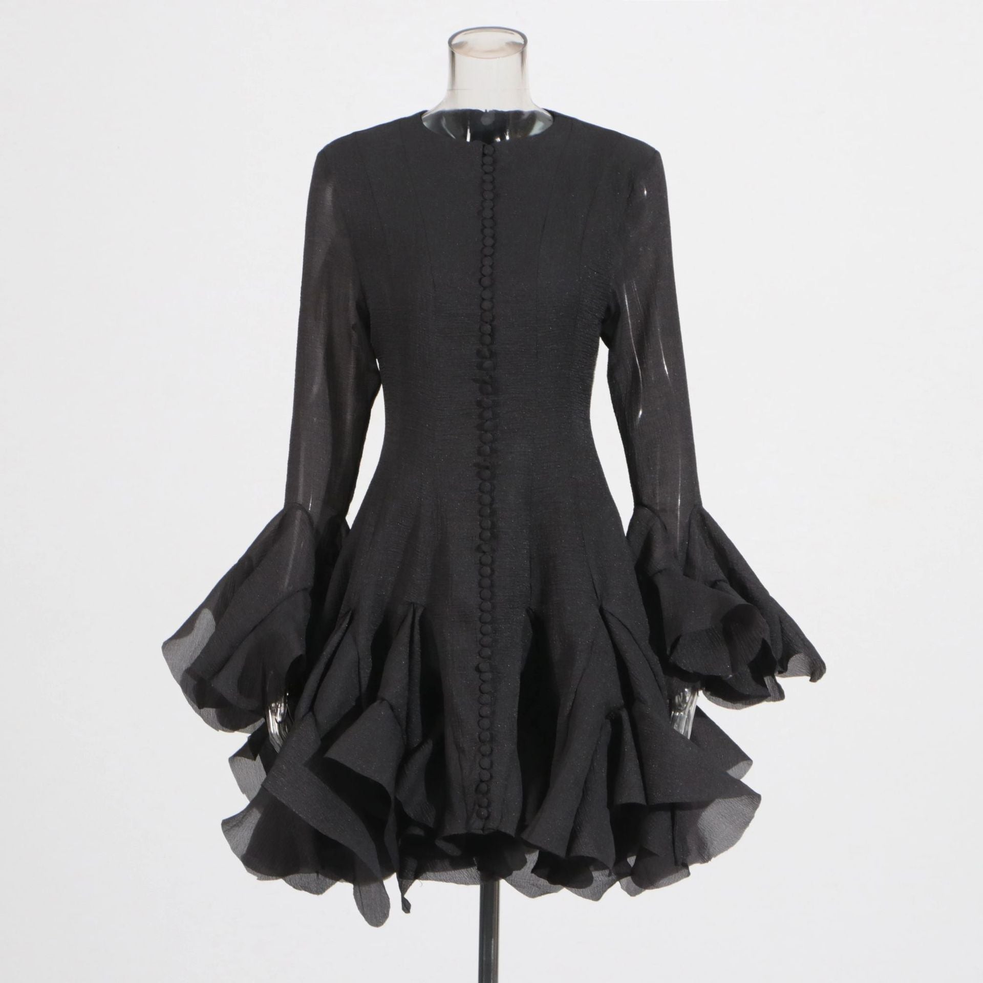Bella Mia Spring Ruffles Design Waist Tight Slimming Flared Sleeves Dress Women — branding close-up