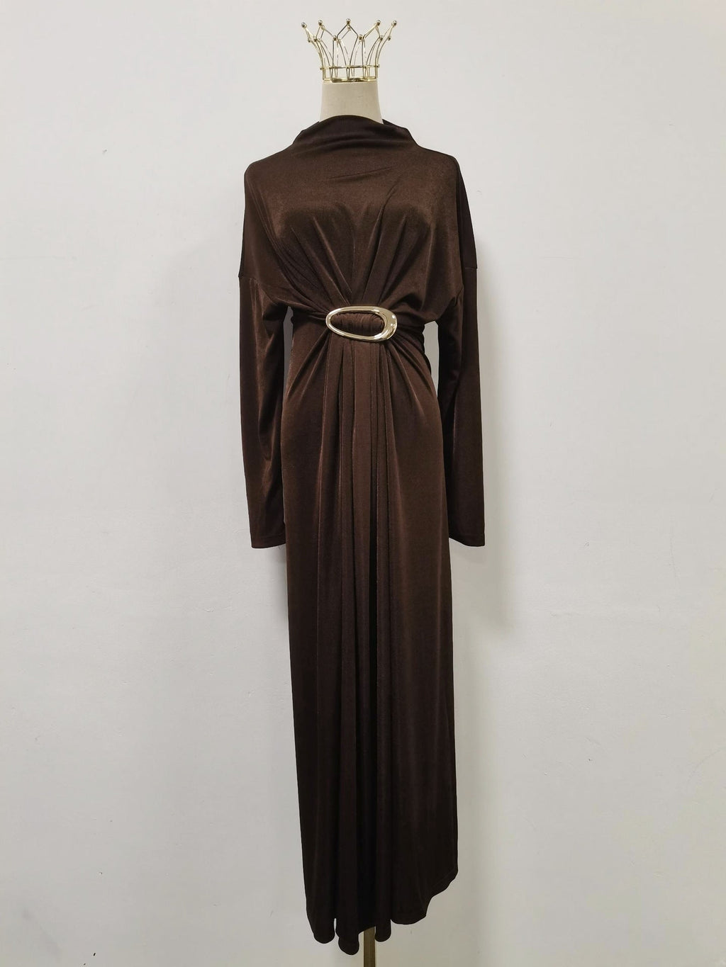 Bella Mia Fall Retro Metal Decorative Waist Slimming Half Turtleneck High Waist Maxi Dress for Women — lifestyle context