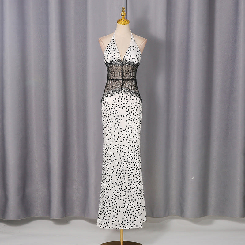 Bella Mia High Grade Elegant Polka Dot Lace Patchwork Waist Slimming Halter Sexy Dress Women — detail and construction