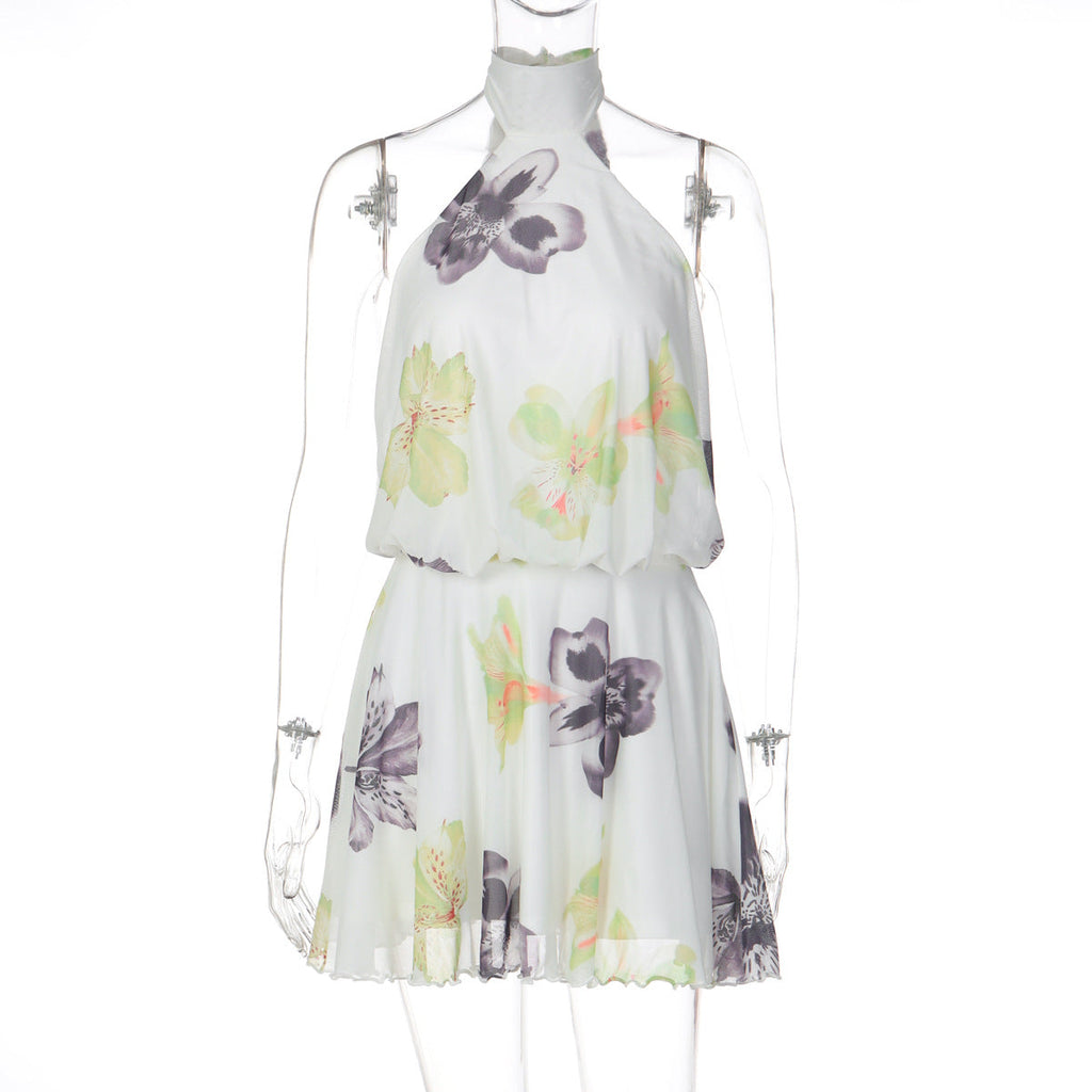 Women Clothing Summer Printed I Halter Fitted Waist Backless Lace up Dress