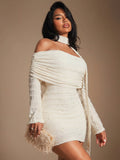 Women Summer Halter Ribbon Texture Slim Fit Slimming off Shoulder Hip Dress