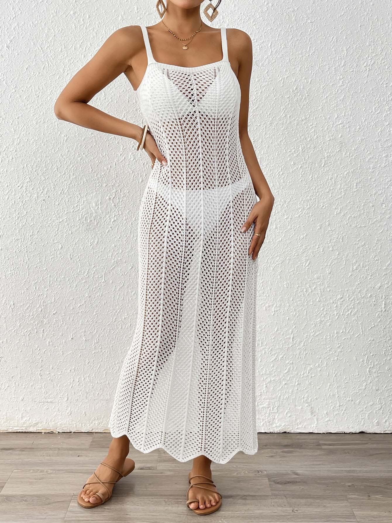 Women Beach Dress Women Clothing Woven Hollow Out Cutout Sexy Slim Fit Dress Holiday Suspender Dress