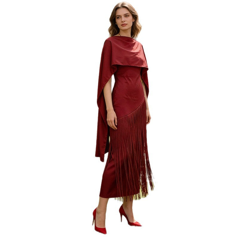 Bella Mia Spring Elegant Retro Faux Two Piece Long Skirt Shawl Design Tassel Dress Swing Dress Women — detail and construction