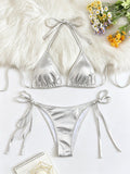 Sexy Seaside Vacation Gilding Glossy Swimsuit Halter Lace up Triangle Cup Bikini Strap Split Swimsuit