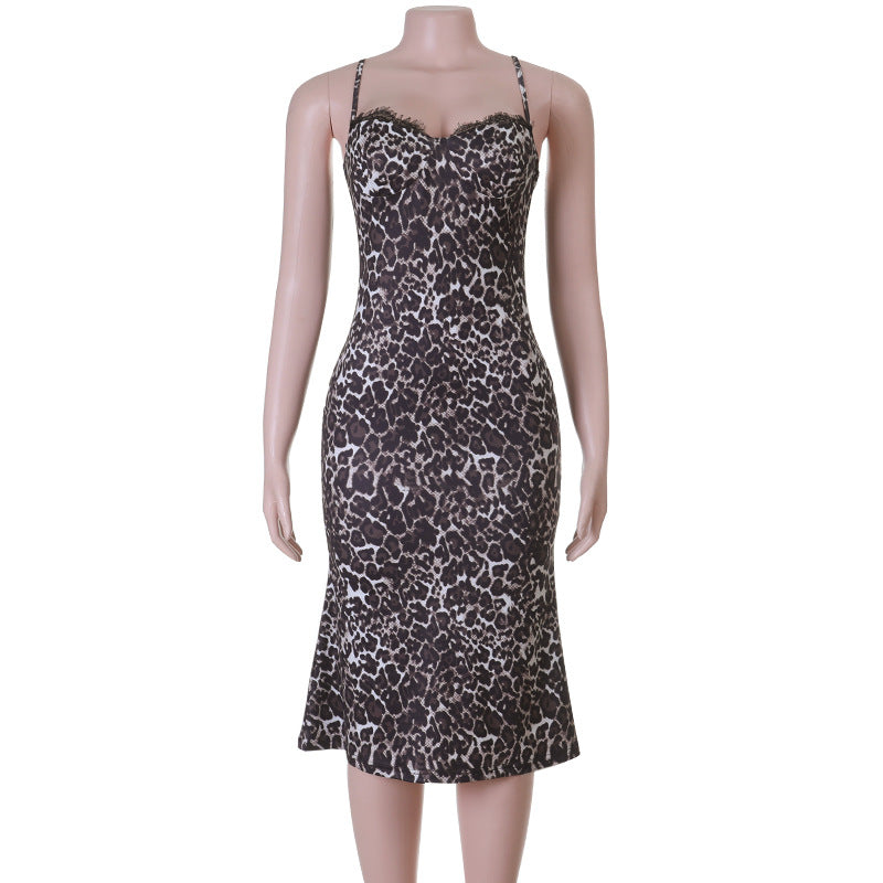 Spring Summer Lace Leopard Print Sexy Backless Lace up Slim Dress