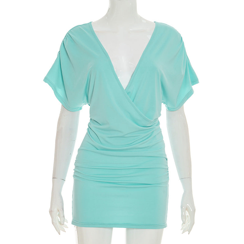 Women Clothing Spring Summer Sexy Simple Cool Large V neck Solid Color Sheath Dress