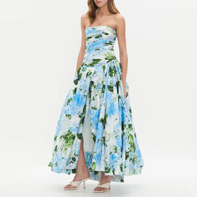 Seaside Vacation Dress for Women Summer Fresh Printed Sleeveless Tube Top Tight Waist Slimming Slit Maxi Dress