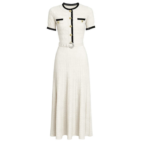 Summer Ladies Internet Popular Slim Fitting Figure Flattering Belt Short Sleeve Long Pattern Dress Women