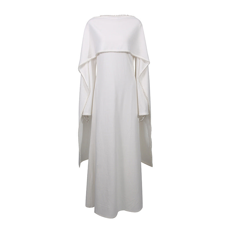 Bella Mia Elegant Solid Color Retro Heavy Industry Beautiful Pearl Shawl High Waist Dress Women — detail and construction