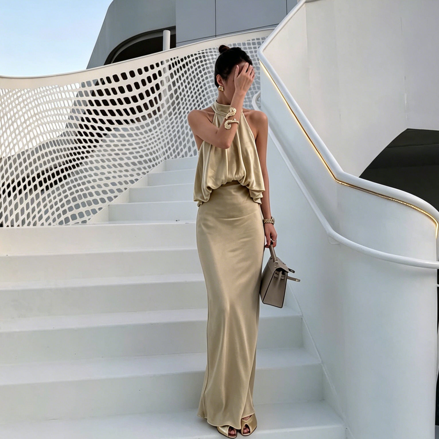 Satin Light Luxury Design Apricot Halter Lace up Backless Slim Fit Sleeveless Women Summer Dress