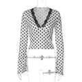 French Polka Dot Printed Top Summer Casual V neck Lace Ruffled Short Sleeves T shirt Women