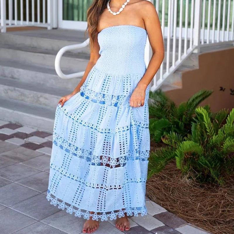 Bella Mia Casual Maxi Dress Spring High Sense Embroidery Hollow Out Cutout out Tube Top Dress Women Clothing — main product shot