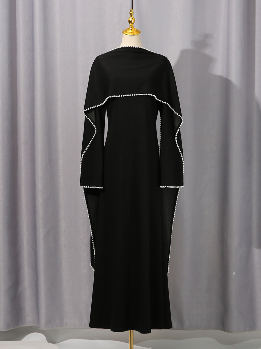 Bella Mia Elegant Solid Color Retro Heavy Industry Beautiful Pearl Shawl High Waist Dress Women — branding close-up