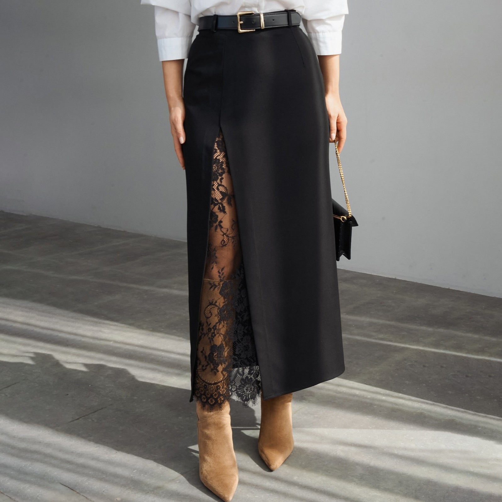 Summer Side Slit Stitching Lace Sexy See through Skirt All Matching Elegant Graceful Women Commuting Wear（Without belt）