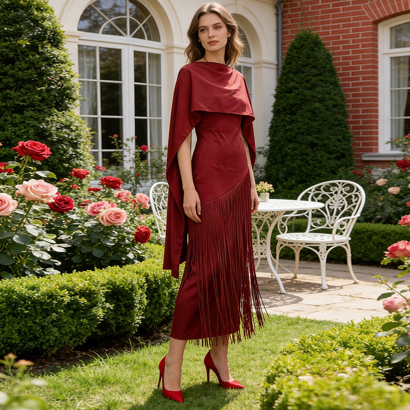 Bella Mia Spring Elegant Retro Faux Two Piece Long Skirt Shawl Design Tassel Dress Swing Dress Women — main product shot