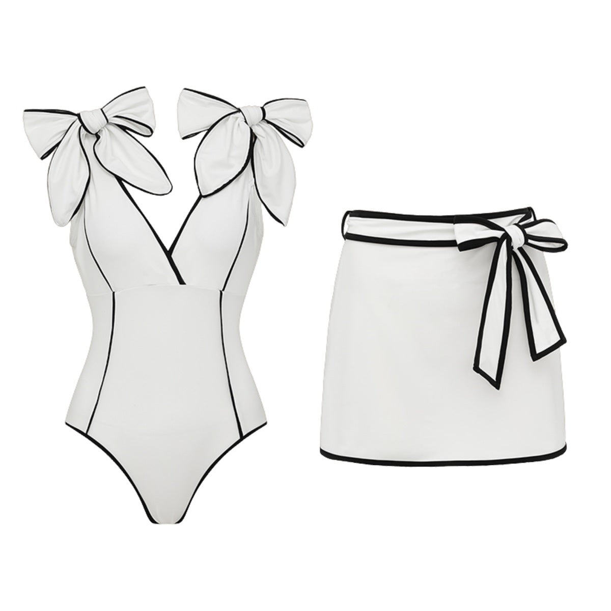 Bella Mia Swimsuit Black White Color Matching Sweet Girl Bow Swimsuit Women White Skirt — detail and construction