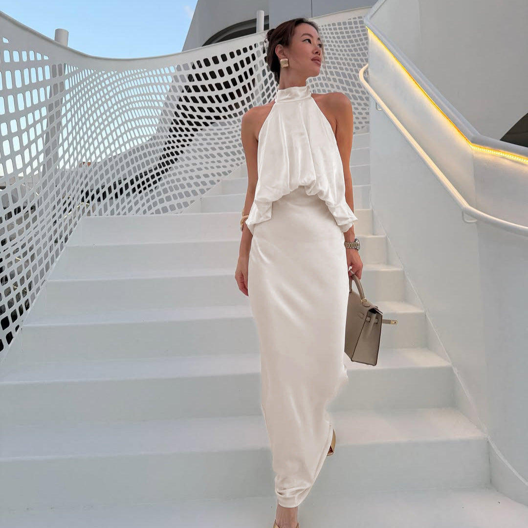 Satin Light Luxury Design Apricot Halter Lace up Backless Slim Fit Sleeveless Women Summer Dress