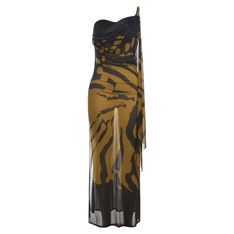 Summer Women Clothing Retro Sexy Mesh Slim Fit Backless Slit Printing Dress