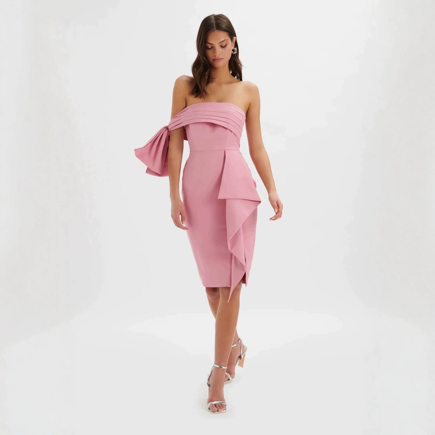 Off Shoulder Tube Top Short Elegant Slimming Fitted Waist Pleated Asymmetric Party Dress