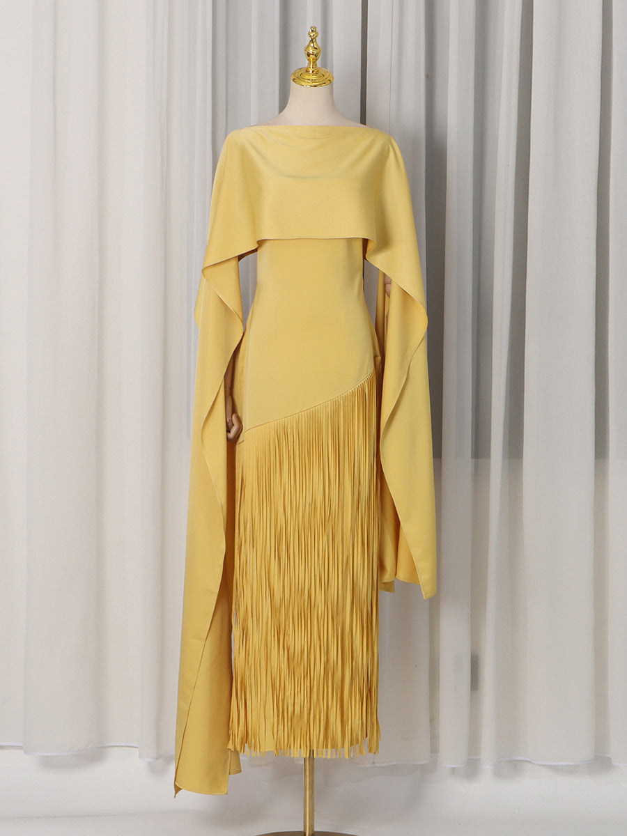 Bella Mia Spring Elegant Retro Faux Two Piece Long Skirt Shawl Design Tassel Dress Swing Dress Women — lifestyle context