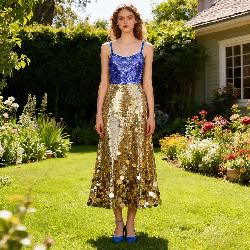 Bella Mia Sequined Dress Spring High Grade All-Match Waist Slimming Solid Skirt — detail and construction