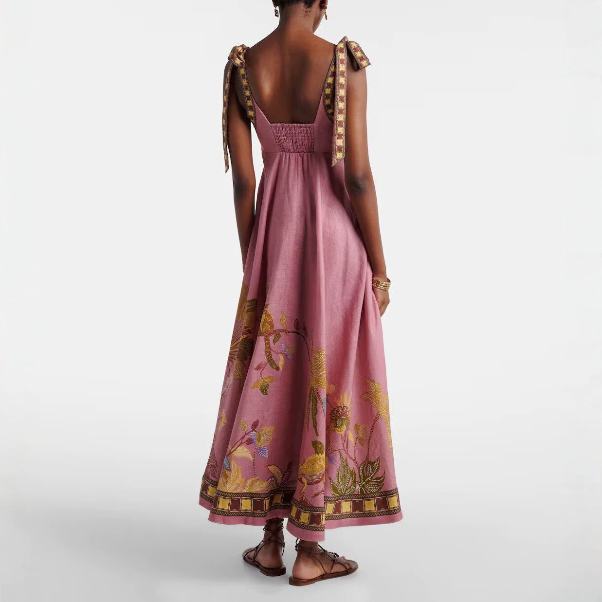 Positioning Floral Print Linen Sling Pocket Maxi Dress Bohemian Holiday Swing Dress