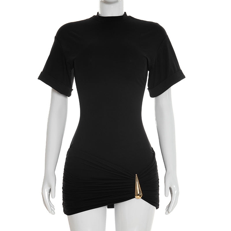 Women Clothing Spring Summer Casual Simple Solid Color Half Collar Metal Decorative Pleated Dress