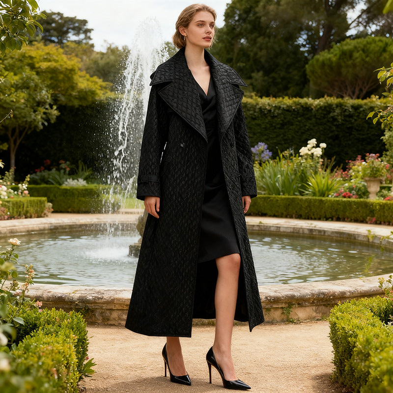 Bella Mia Women French Long Sleeve Loose Diamond Coat Autumn High Sense Show Thin Black Windbreaker — detail and construction